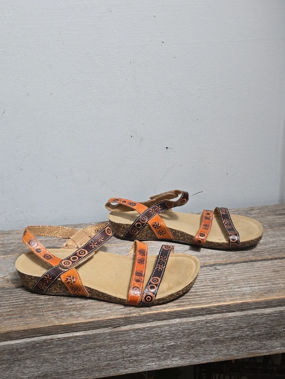 L'ATISTE Spring Step Women's Orange and Brown Leather Cork Strappy Sandal